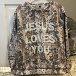 Camouflage Sweatshirt with 'Jesus Loves You' Print